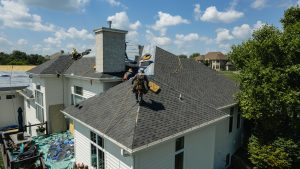 Close-up of roof installation work in progress on residential property